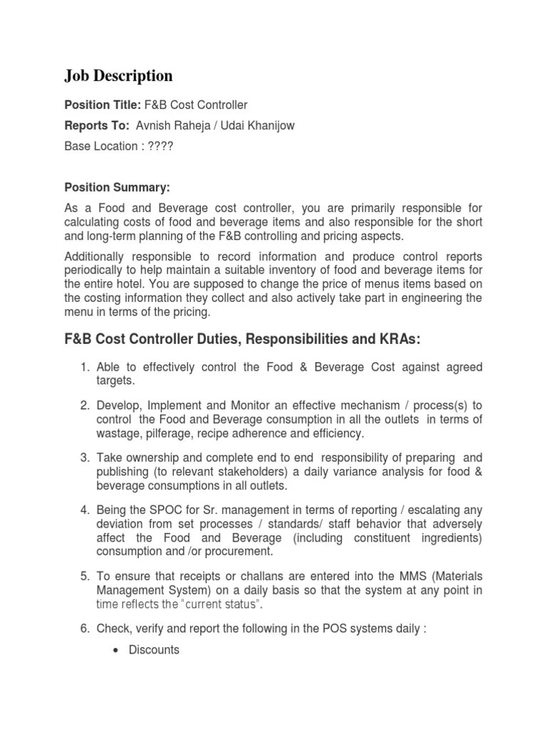 Food Controller Job Description PDF Point Of Sale Menu