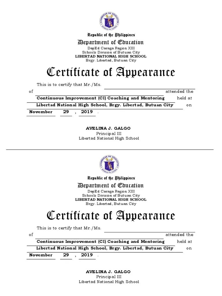 Certificate Of Appearance Template Sampletemplate.my.id
