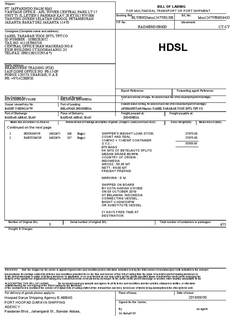 Bl-Bms6435 (Bnd) Jaffarindo - Sahel | Pdf | Bill Of Lading | Cargo