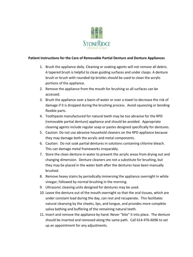 Patient Instructions For The Care of Removable Partial Denture and