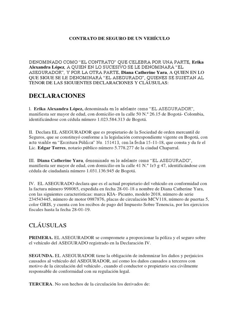 Formato Del Contrato de Seguro de Un Vehículo Póliza de