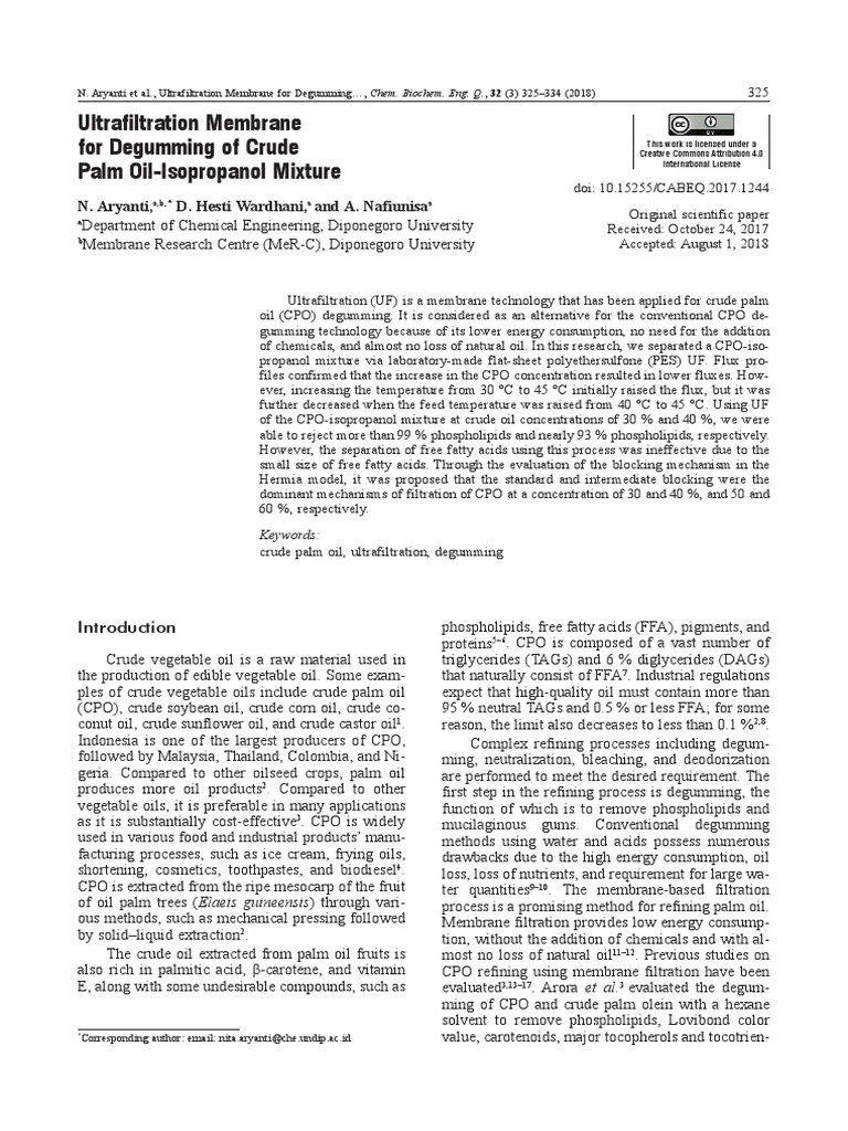 Ultrafiltration Membrane Dry Degumming PDF Vegetable Oil Cell