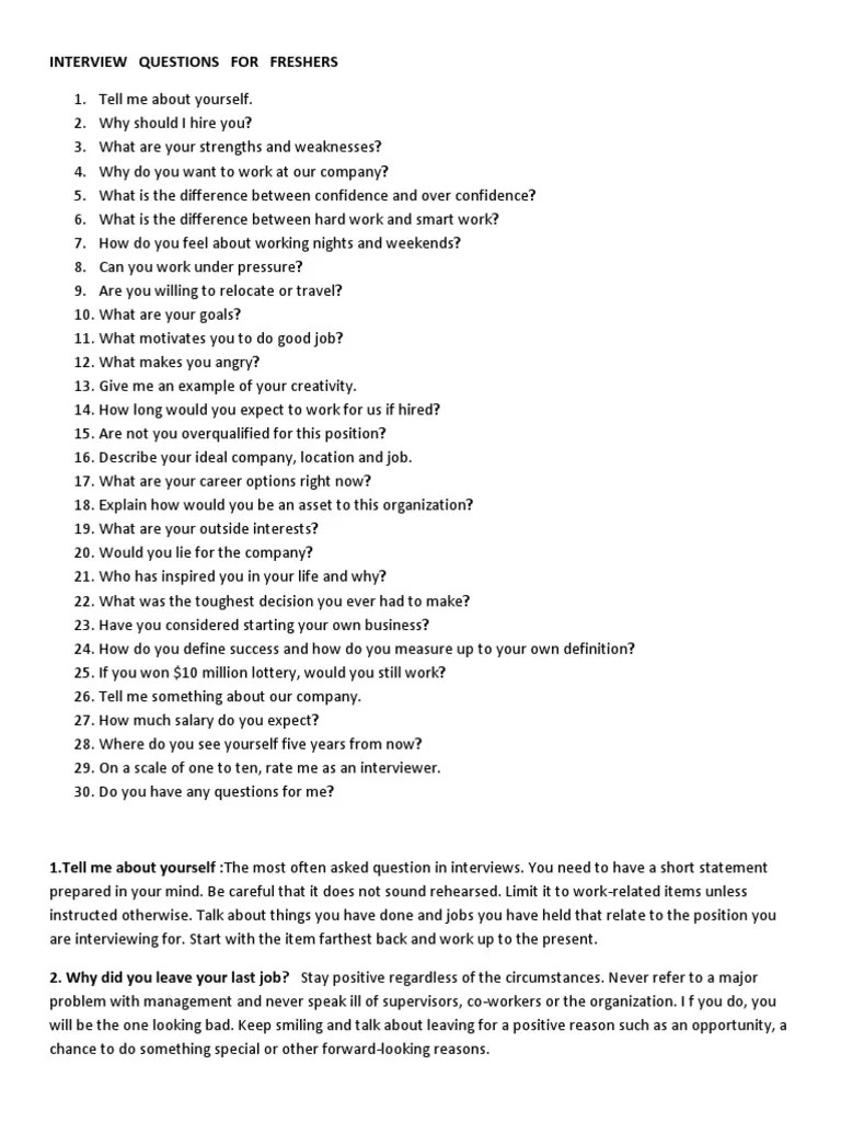 Interview Questions For Freshers PDF Question Reason