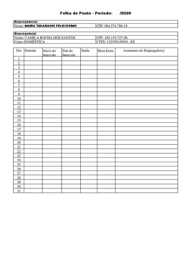 Modelo Folha de Ponto (2020) Esportes Trabalho