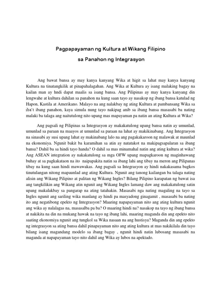 Pagpapayaman Ng Kultura at Wikang Filipino