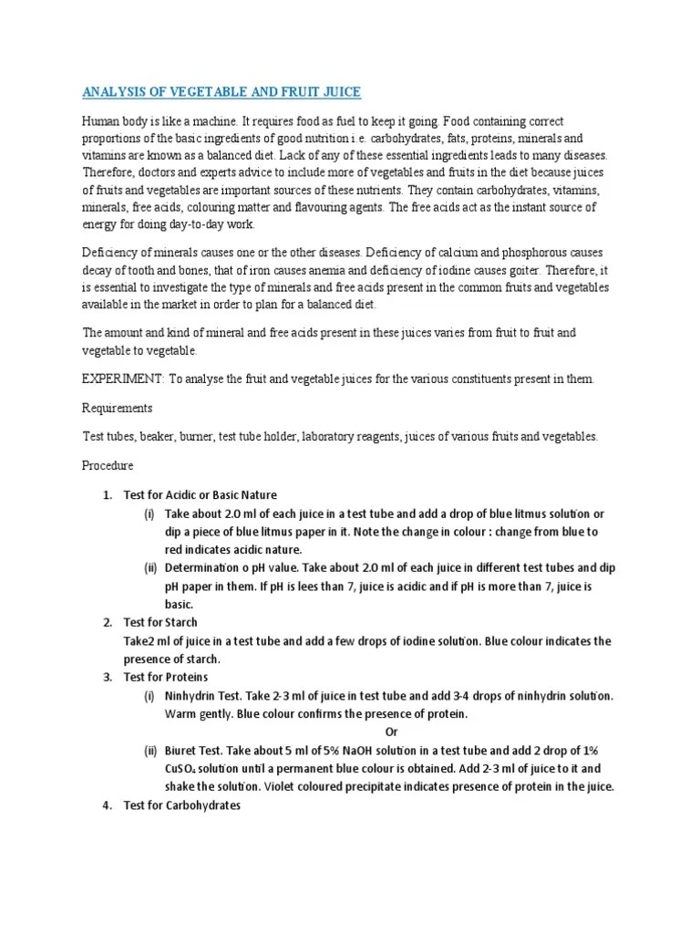 Analysis of Vegetable and Fruit Juice