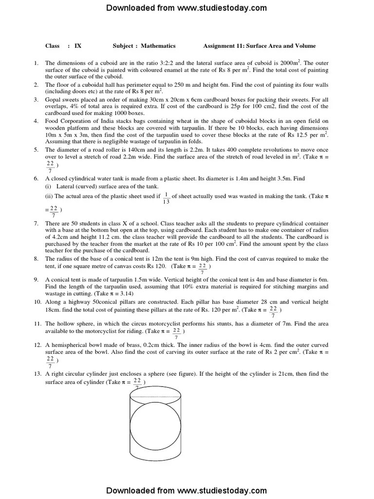 CBSE Class 9 Mathematics Worksheet PDF PDF Sphere Volume