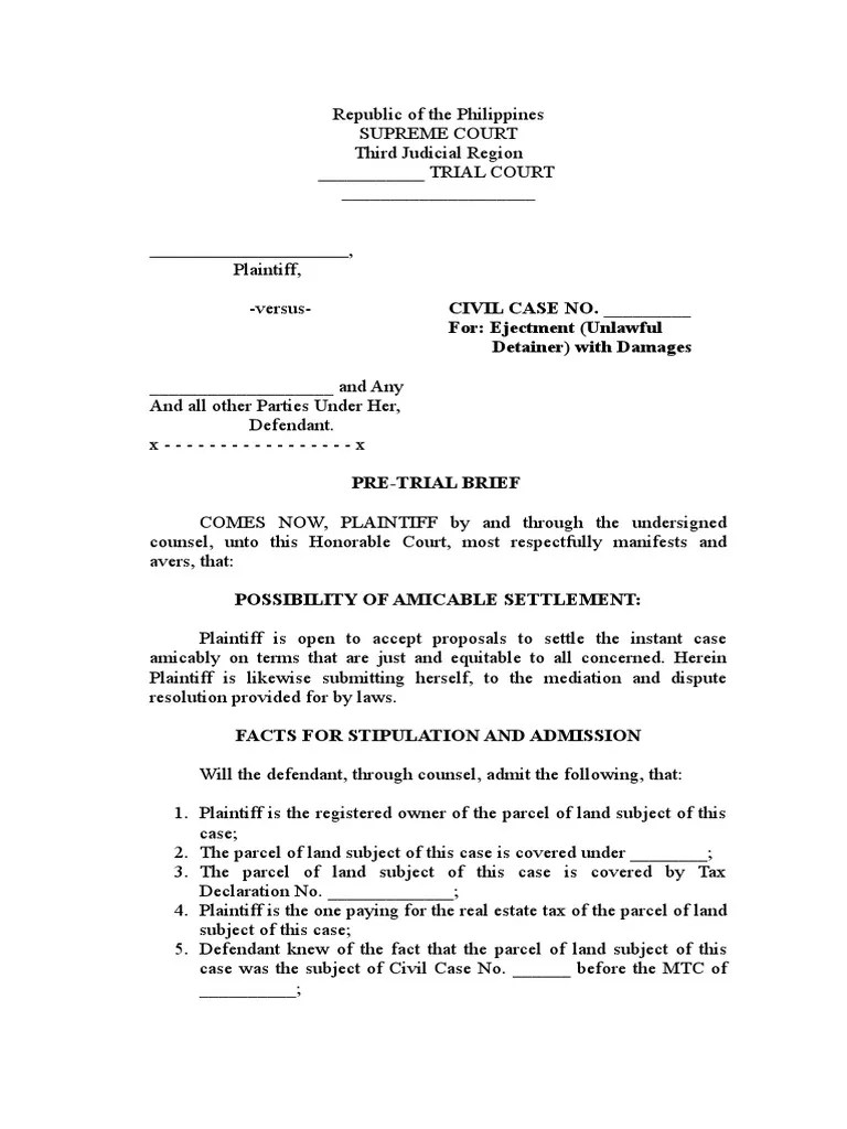 PreTrial Brief Sample Form Discovery (Law) Real Property