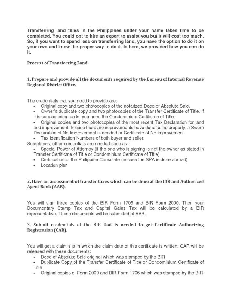 Transferring Land Titles in The Philippines PDF Real Property Title (Property)