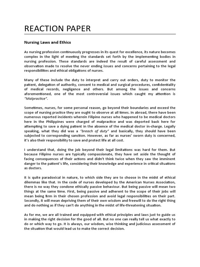 Nursing Law and Ethics Reaction Paper