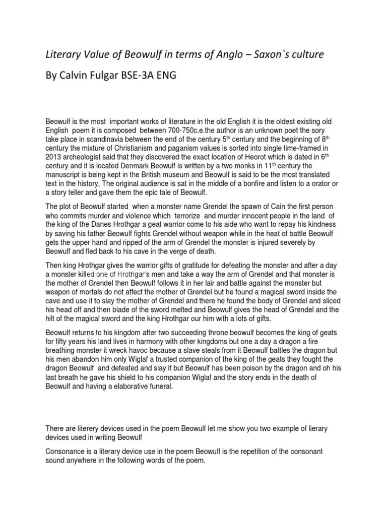 Cultural Values and Literary Devices Depicted in Beowulf An Analysis