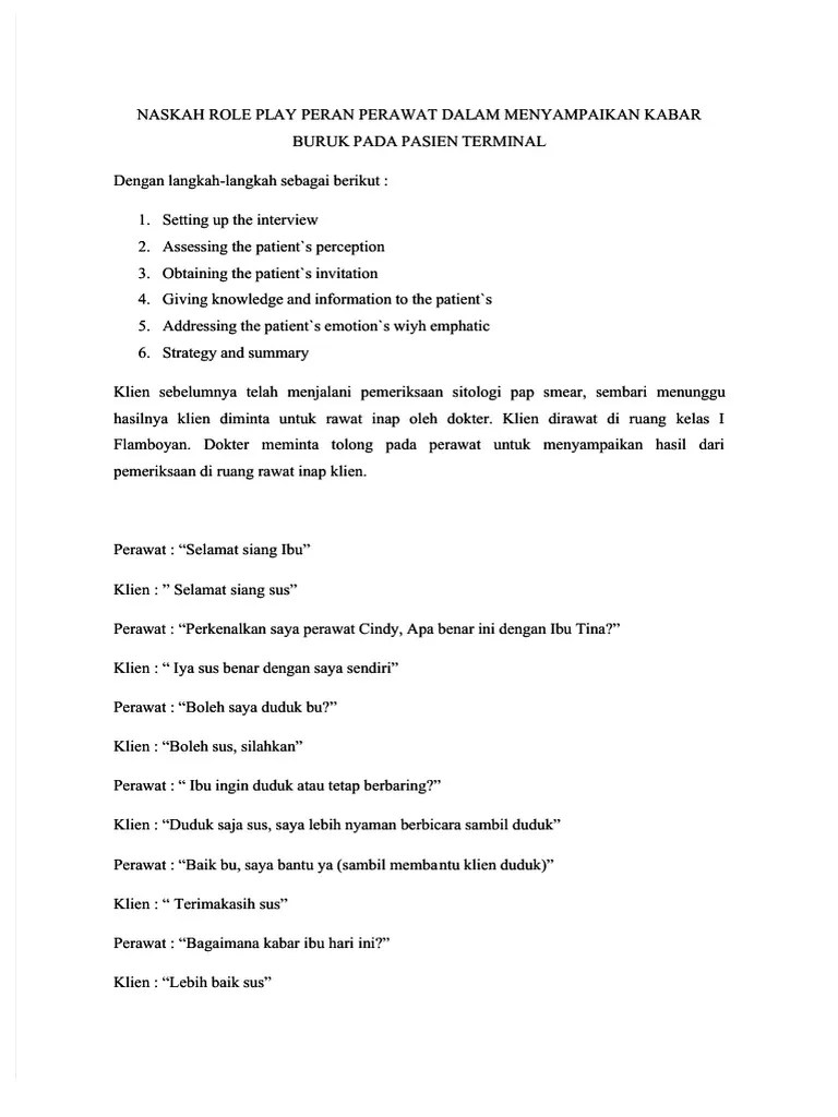 Naskah Role Play Peran Perawat Dalam Menyampaikan Kabar Buruk Pada Pasien  Terminal | PDF