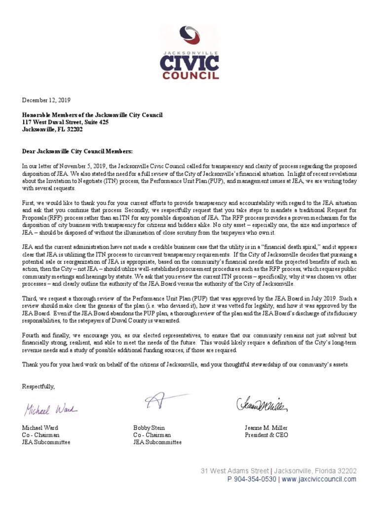 Jacksonville Civic Council Letter To City Council | PDF | Request For