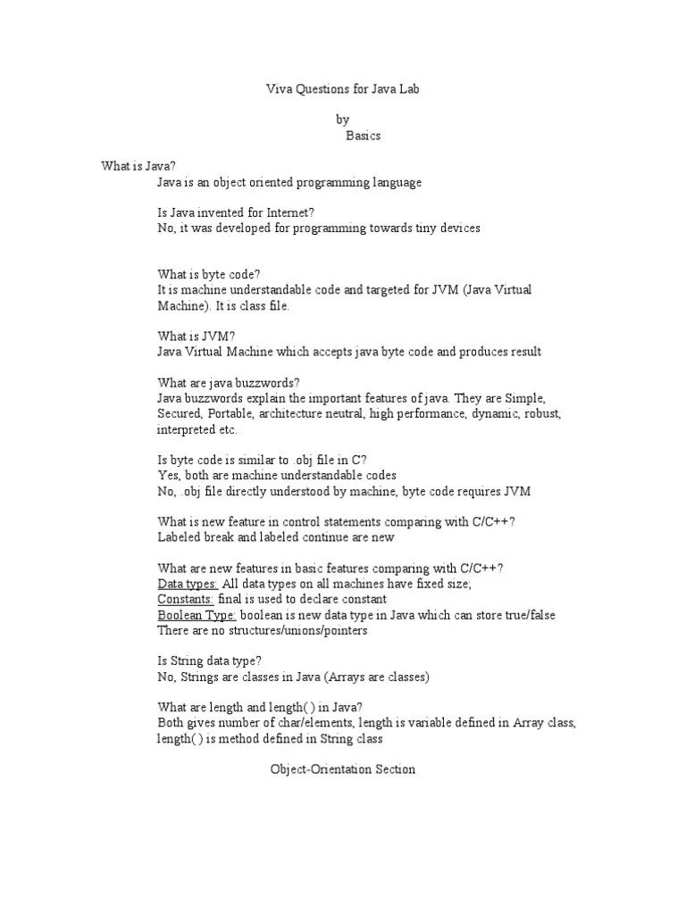 Viva Questions for Java Lab Method Programming) Class