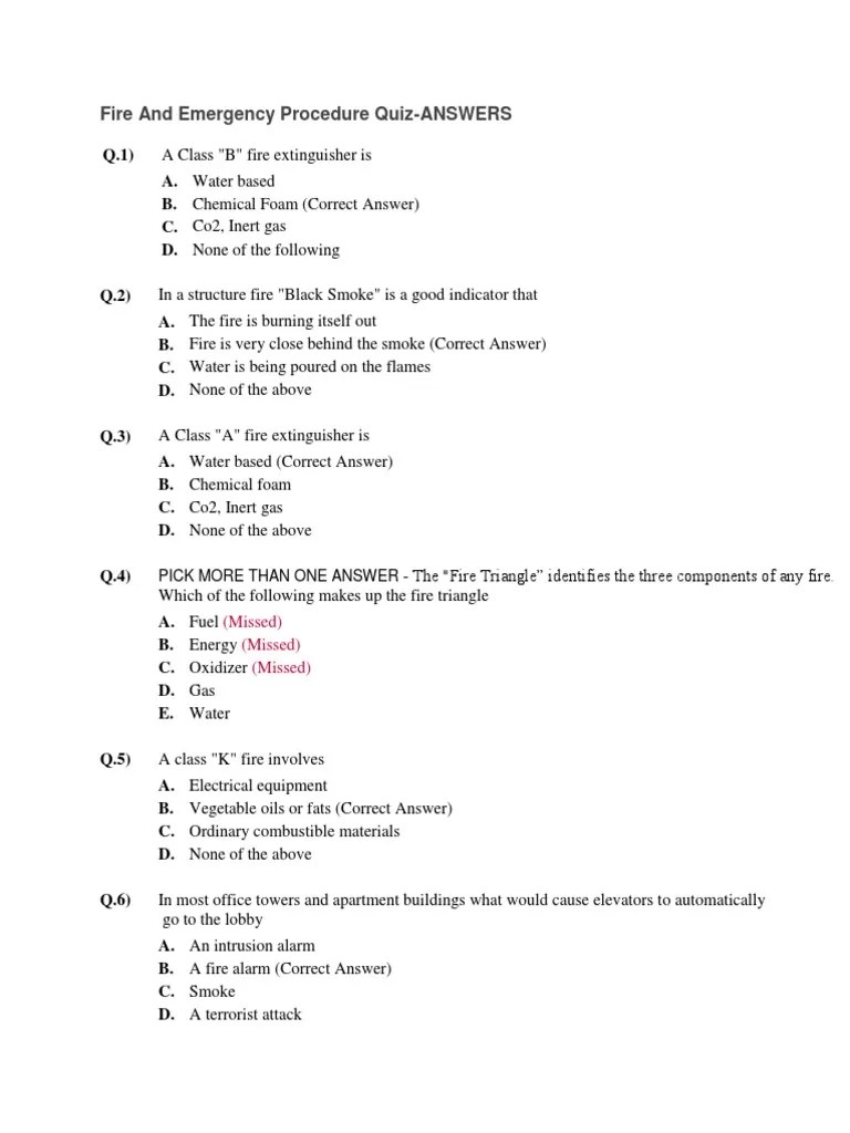 Fire and Emergency Procedure Quiz Answers PDF Fires Hazards