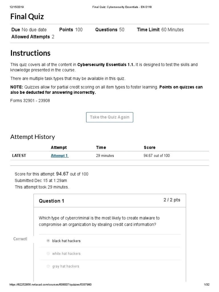 Final Quiz_ Cybersecurity Essentials En 0118 Information Security