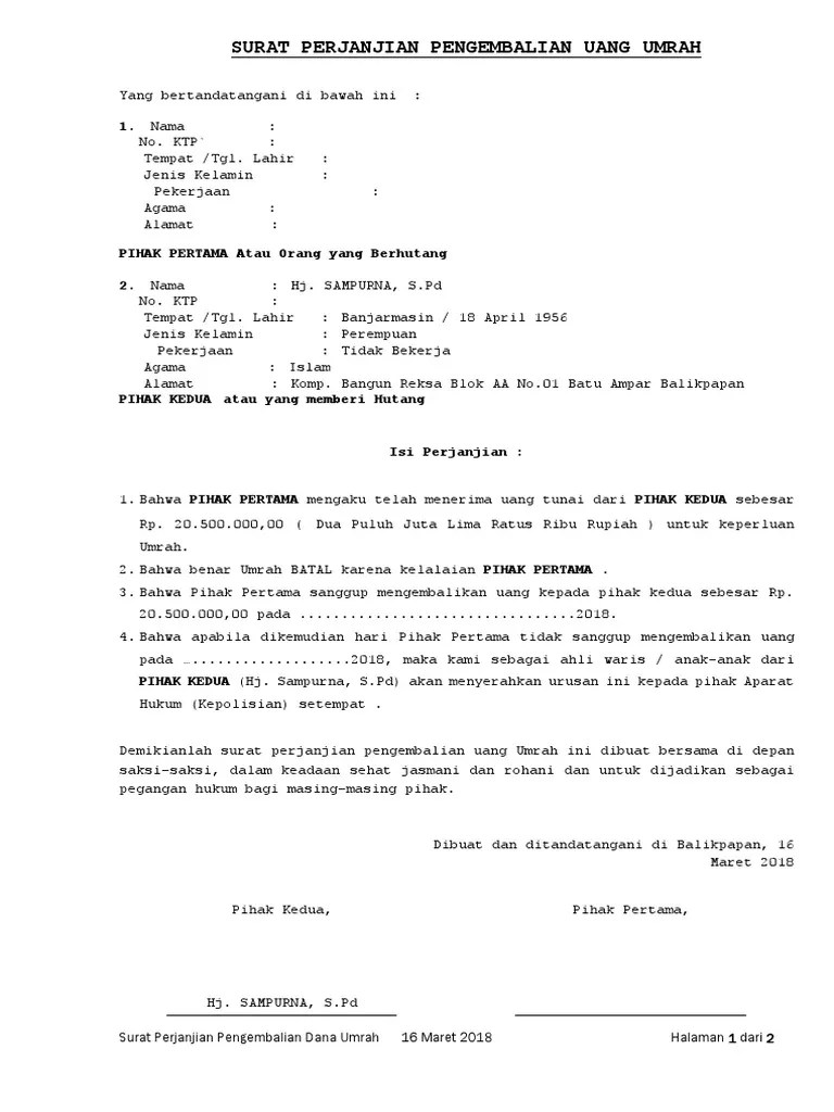 Surat Perjanjian Pengembalian Uang - Revisi Id