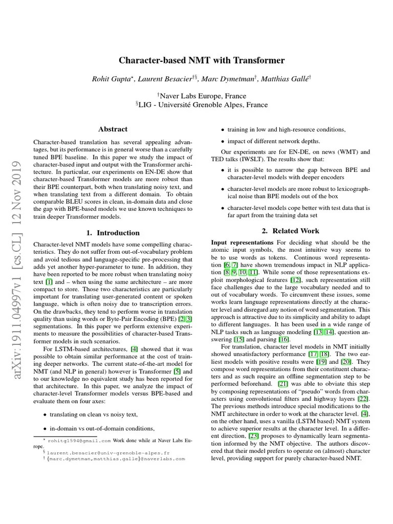 Gupta et al 2019 Characterbased NMT with Transformer Sensitivity And Specificity Deep