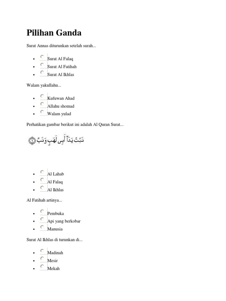 Soal Pilihan Ganda Al Falaq Guru Paud