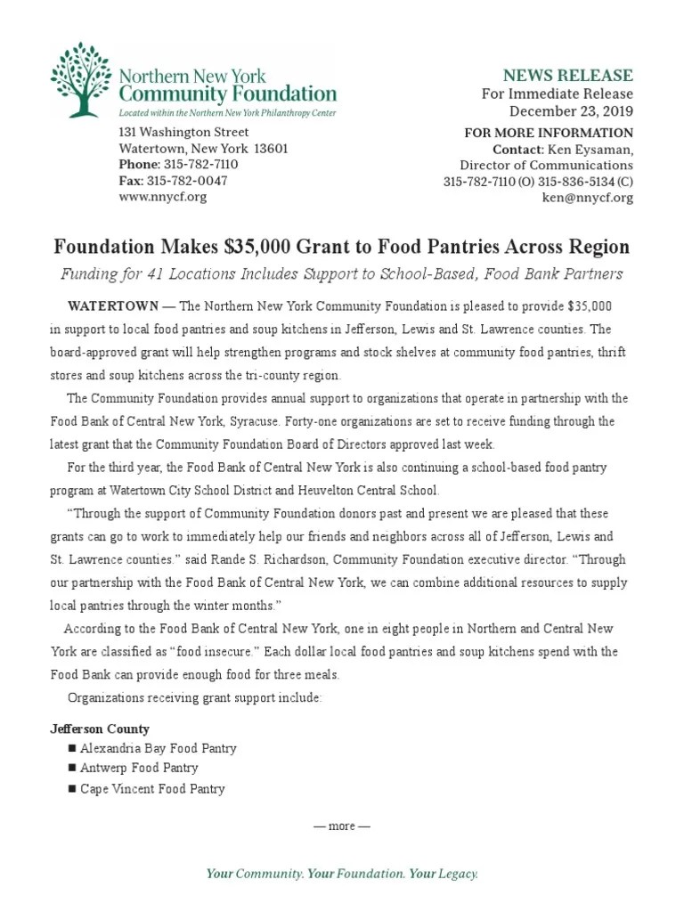 NNYCF FoodPantry Grants 122319 Food Bank Society