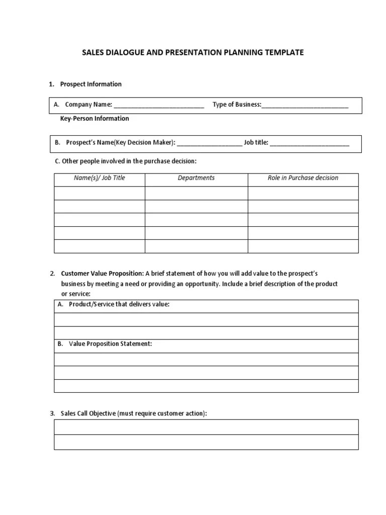 Sales Dialogue and Presentation Planning Template Motivation