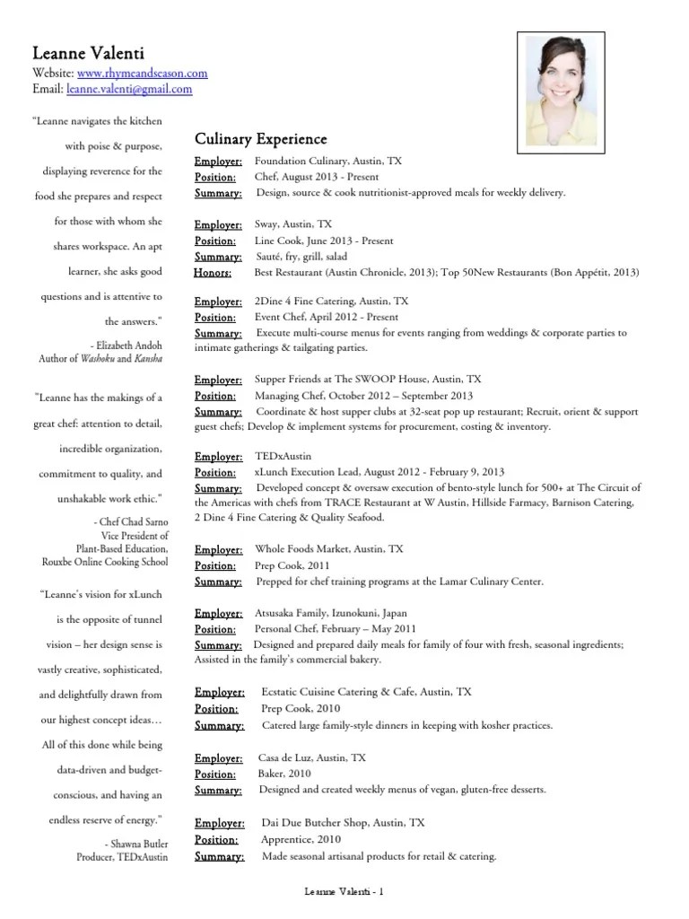 Leanne Valenti's Resume Chef Restaurants