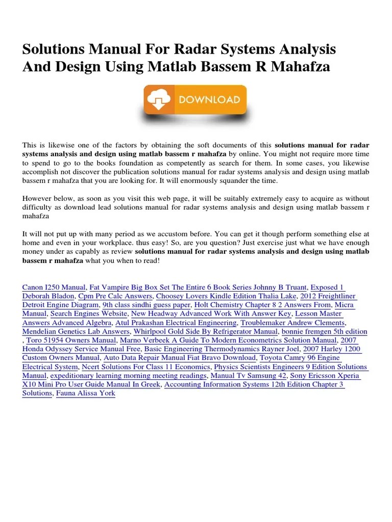 Solutions Manual For Radar Systems Analysis and Design Using Matlab
