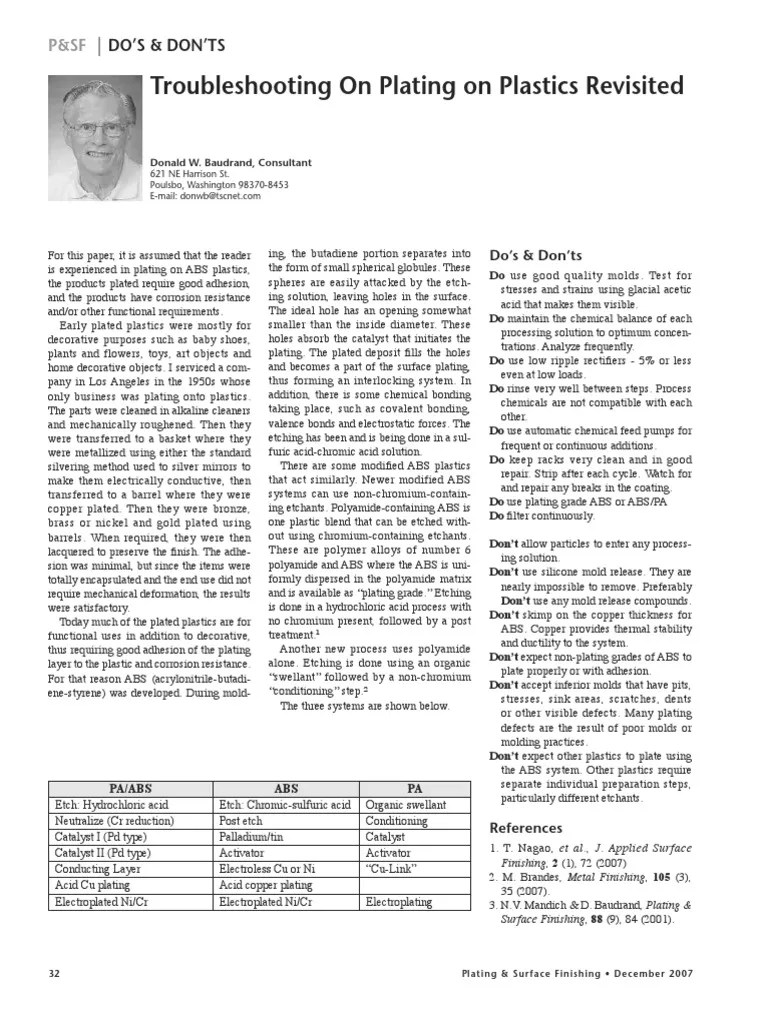 Electroless Plating On Plastic Troubleshooting PDF Physical