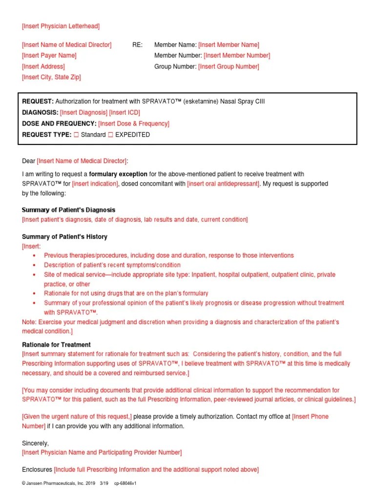 Spravato Sample Exception Letter PDF Patient Therapy