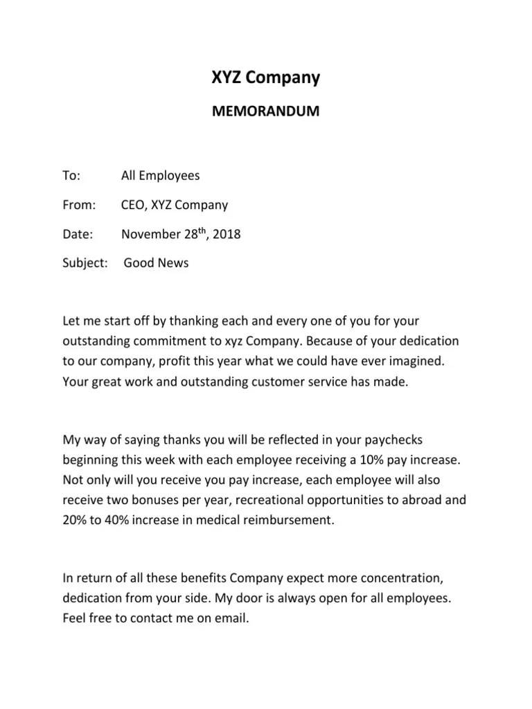 Good News Memo XYZ Company PDF