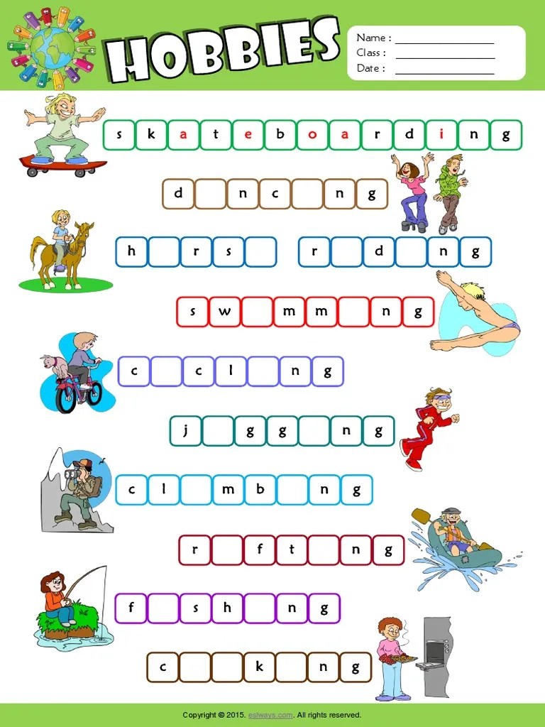 Hobbies Esl Vocabulary Missing Letters in Words Worksheet For Kids PDF