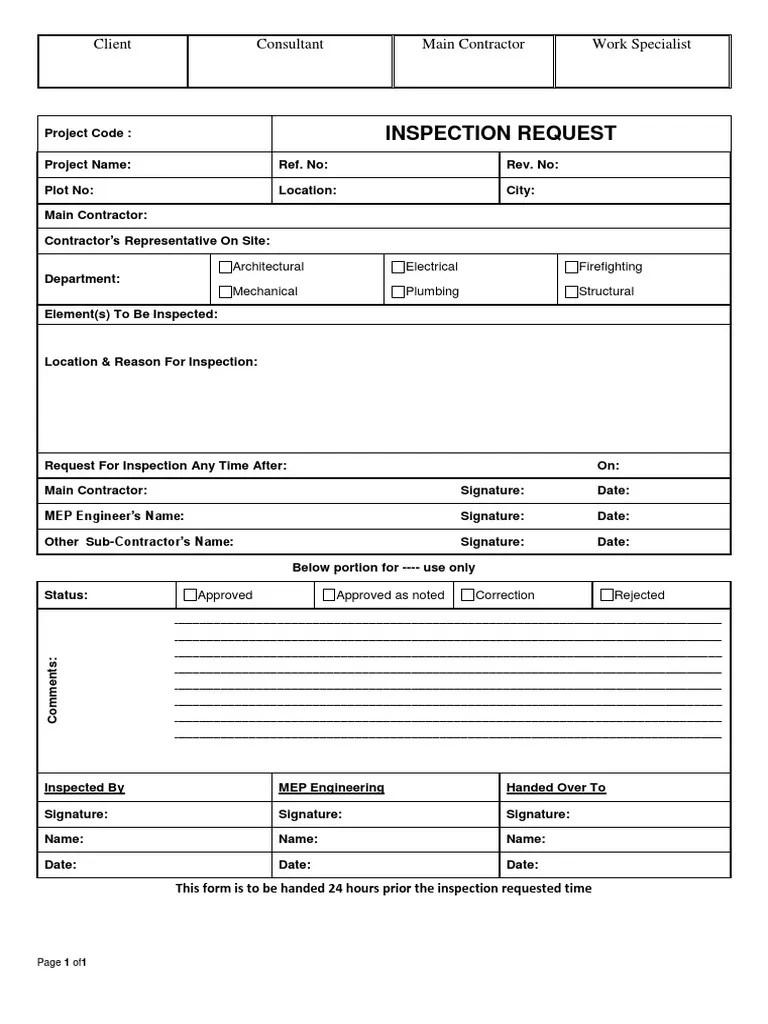 Inspection Request Form _sample Engineering Technology