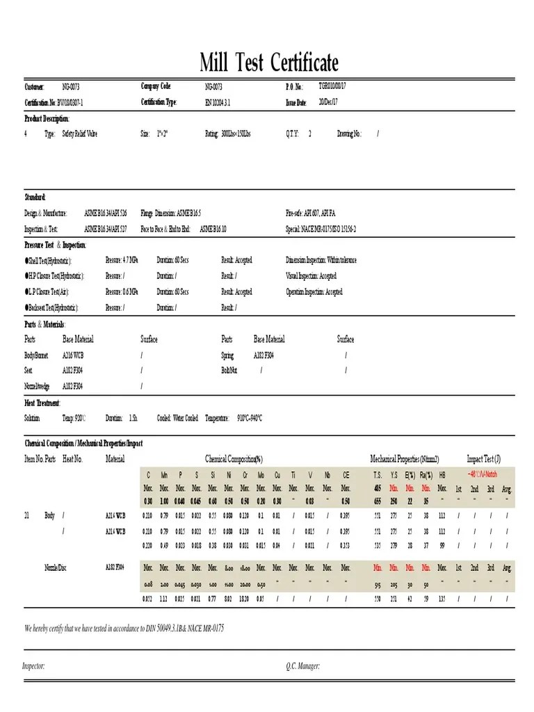 Mill Test Certificate Example PDF Applied And Interdisciplinary