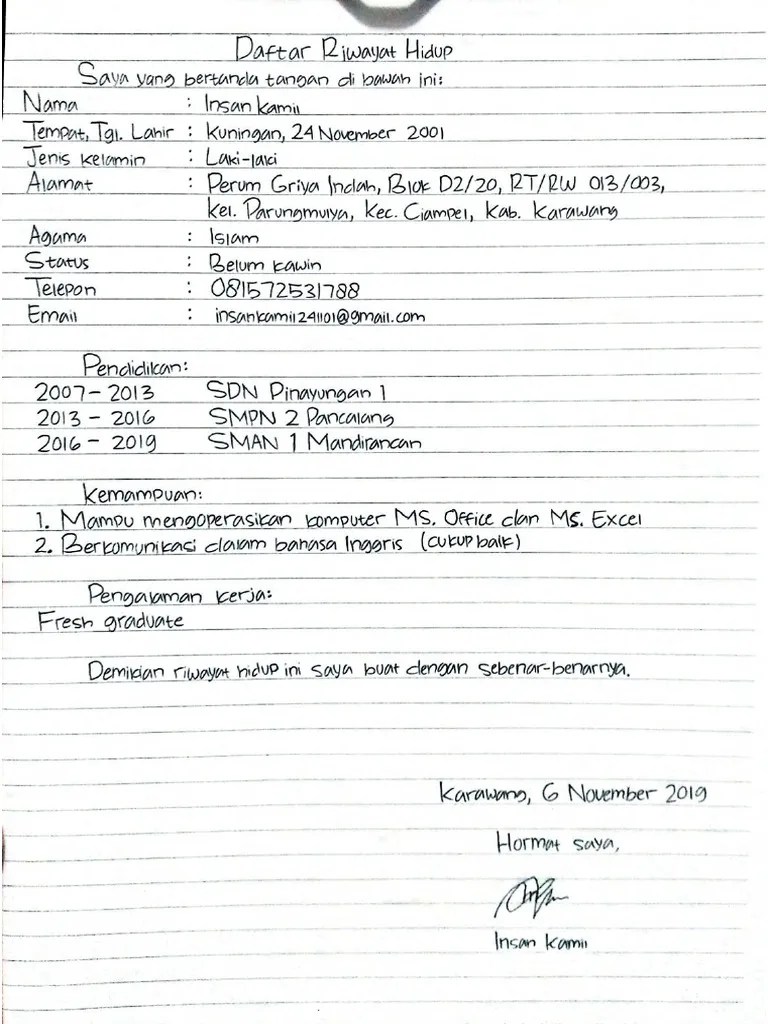 Contoh Surat Riwayat Hidup Tulis Tangan - Nusagates
