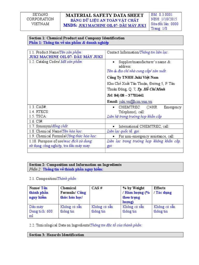 BM 8.3.0001MSDSJUKI MACHINE OIL 07 Dau may JUKI