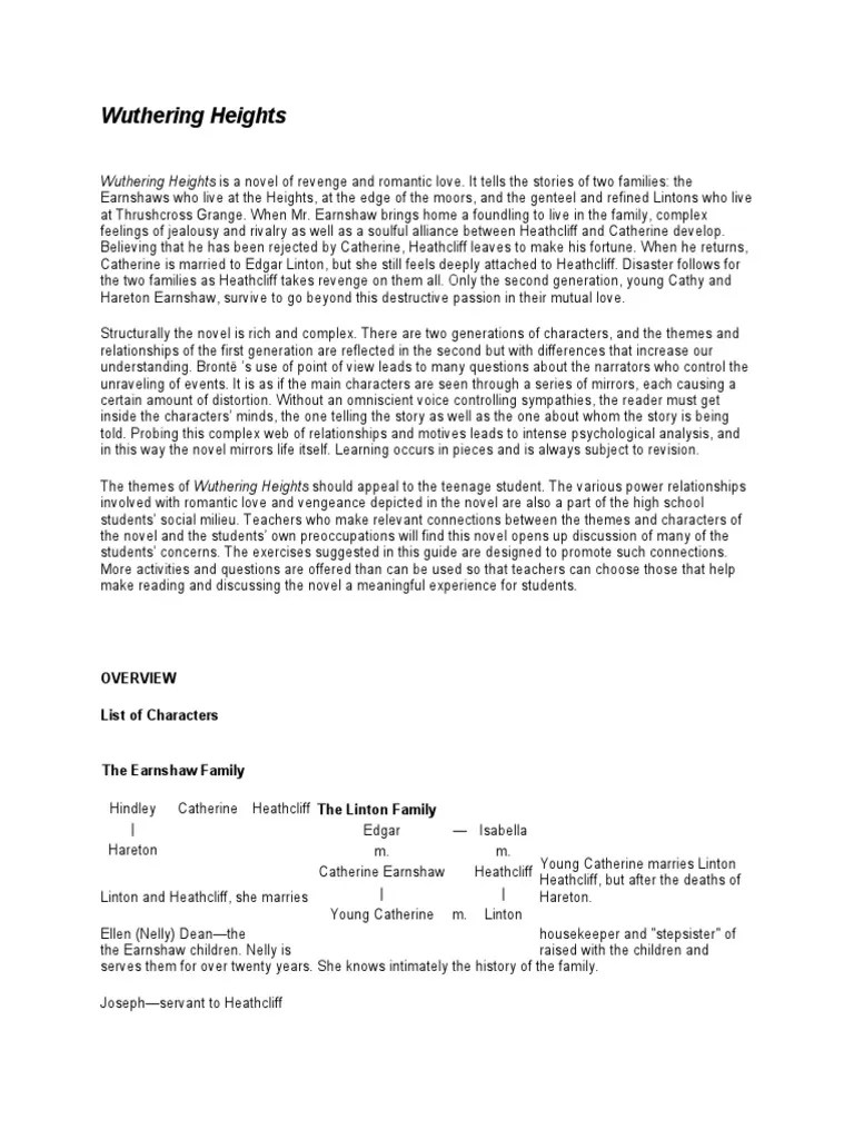 Wuthering Heights Summary Analysis and Questions PDF Heathcliff