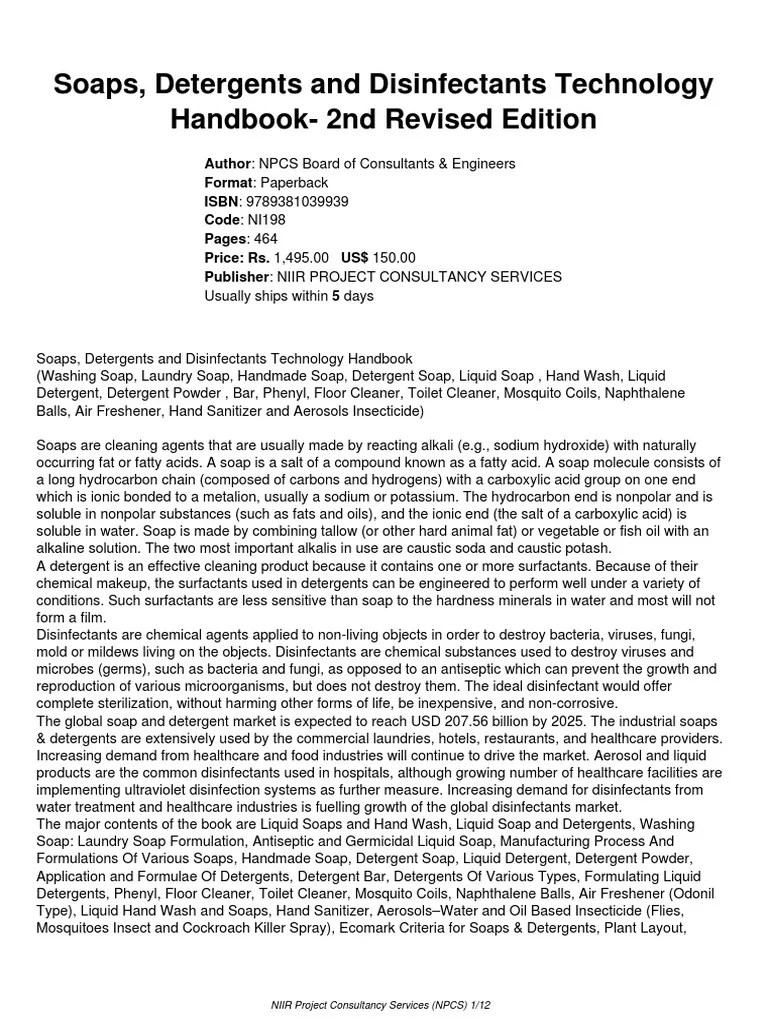 Niir Soaps Detergents Disinfectants Technology Handbook PDF Soap