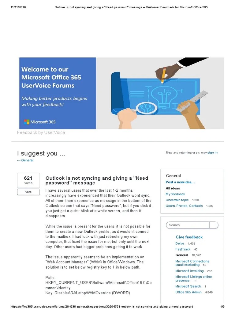Outlook Is Not Syncing and Giving A Need Password Message