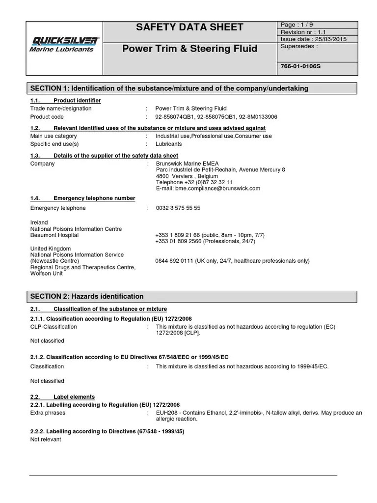 Quicksilver Power Trim and Steering Fluid MSDS PDF Firefighting