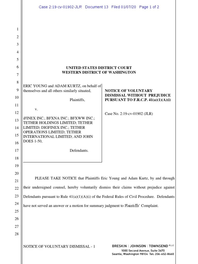 Notice of Voluntary Dismissal Tether and Bitfinex PDF Federal Rules Of Civil Procedure