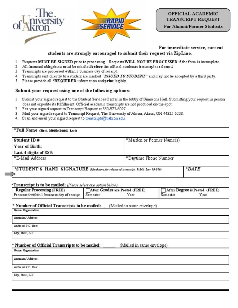 Official University of Akron Academic Transcript Request Form Post Office Box Cyberspace