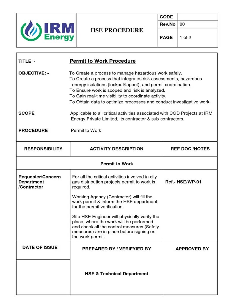Work Permit Procedure PDF Prevention Safety