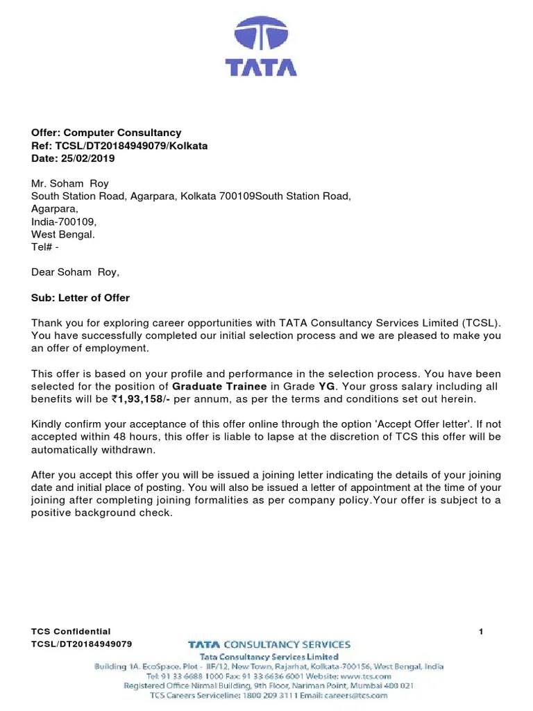 TCS offer letter.pdf Arbitration Intellectual Property