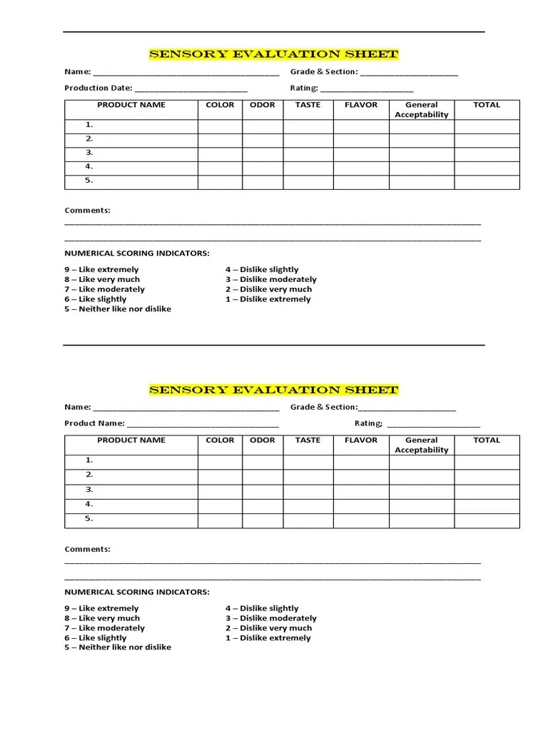 Sensory Evaluation Sheet | PDF