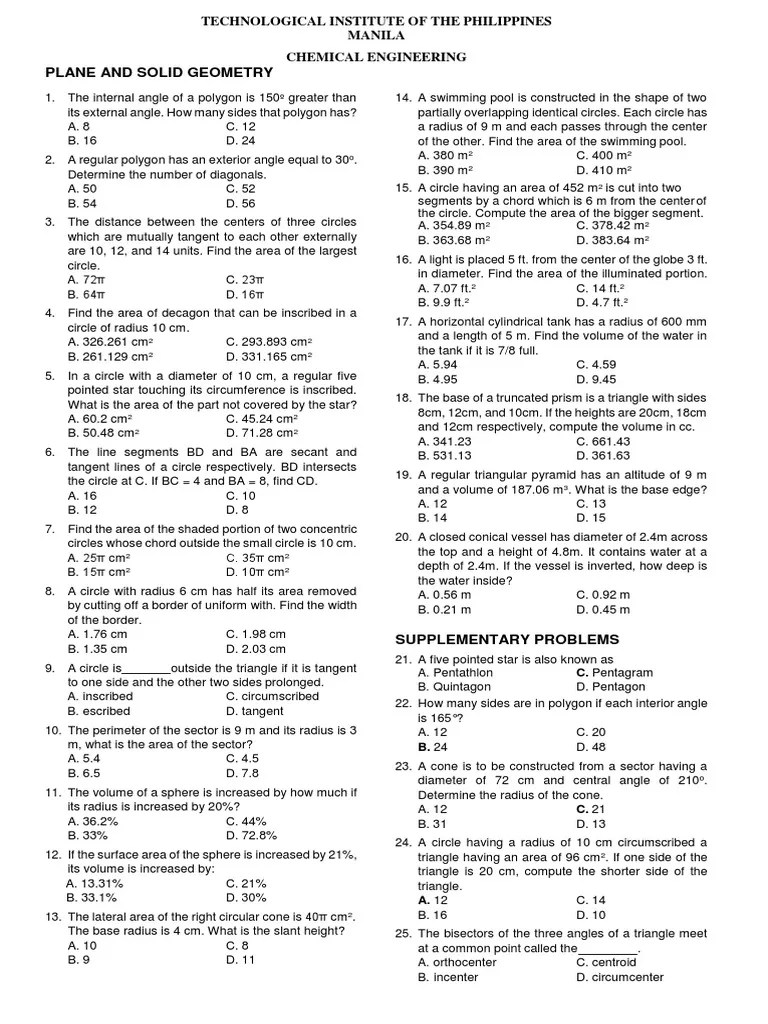 Plane and Solid Geometry With Answers | PDF | Circle | Area