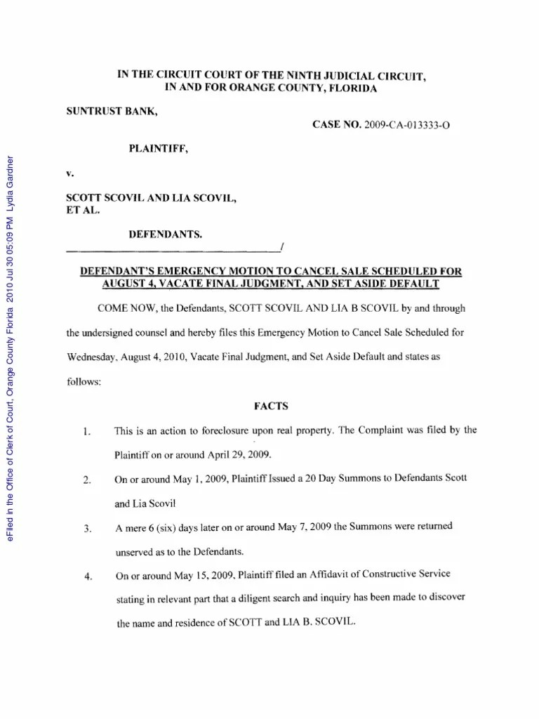Foreclosure Emergency Motion To Cancel Sale Vacate Final Judgment and