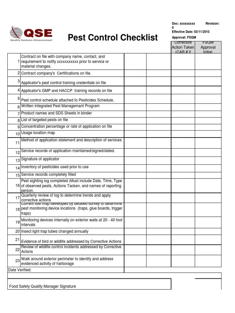 Pest Control Check List To Meet GFSI Approved Food Safety Standards BRC