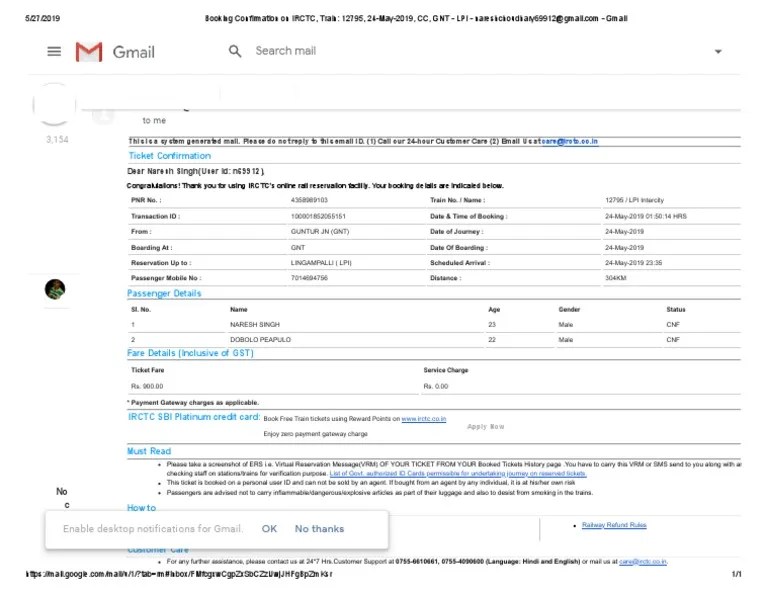 Booking Confirmation On Irctc, Train - 12795, 24-May-2019, Cc, Gnt - Lpi - Nareshchoudhary69912@Gmail - Com - Gmail Pdf | Pdf | Gmail | Ticket (Admission)