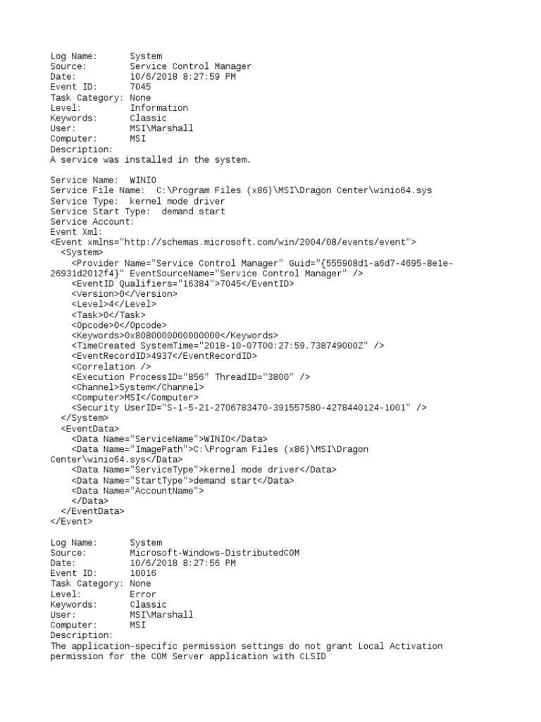 System Event Logs Capturing Driver Installation, COM Server Configuration Errors, and TPM