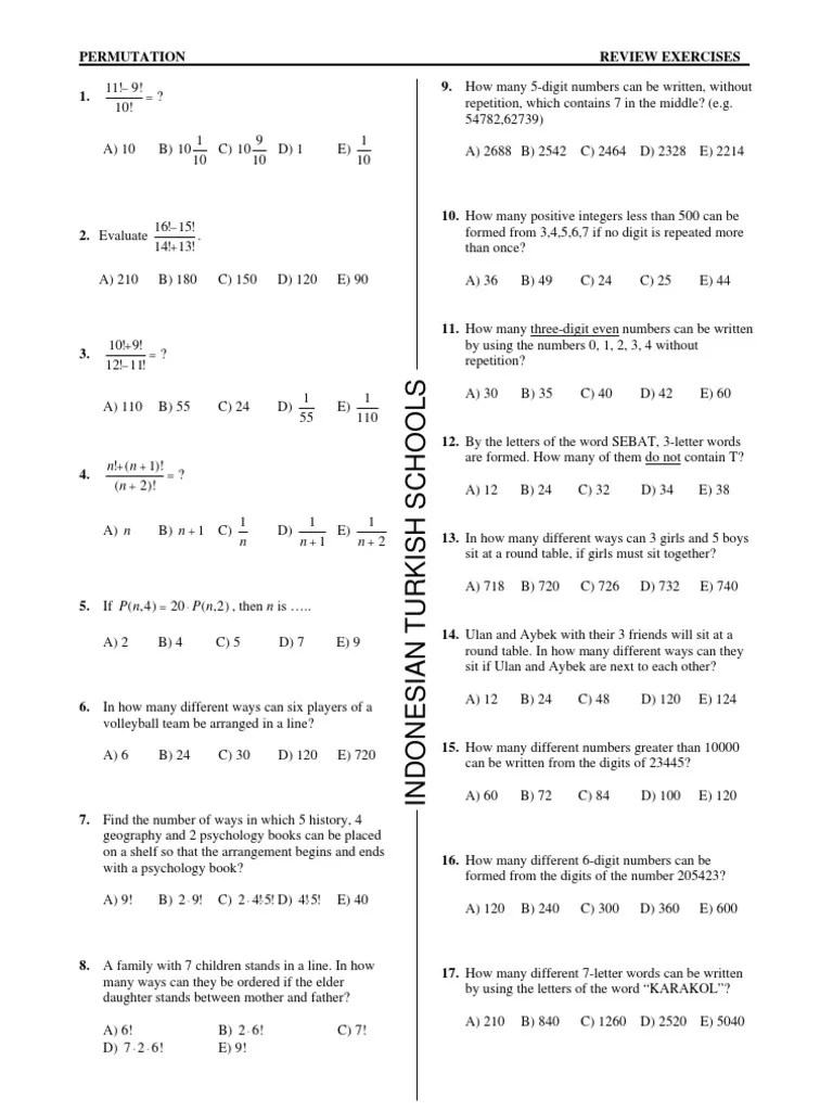 Permutation Combination Worksheet PDF Mathematical Objects
